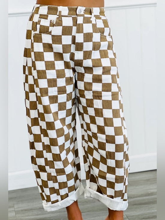 Oddi Pants - Oddi Boutique Checkerboard Barrel Leg Pants in Brown & White - Size 1X